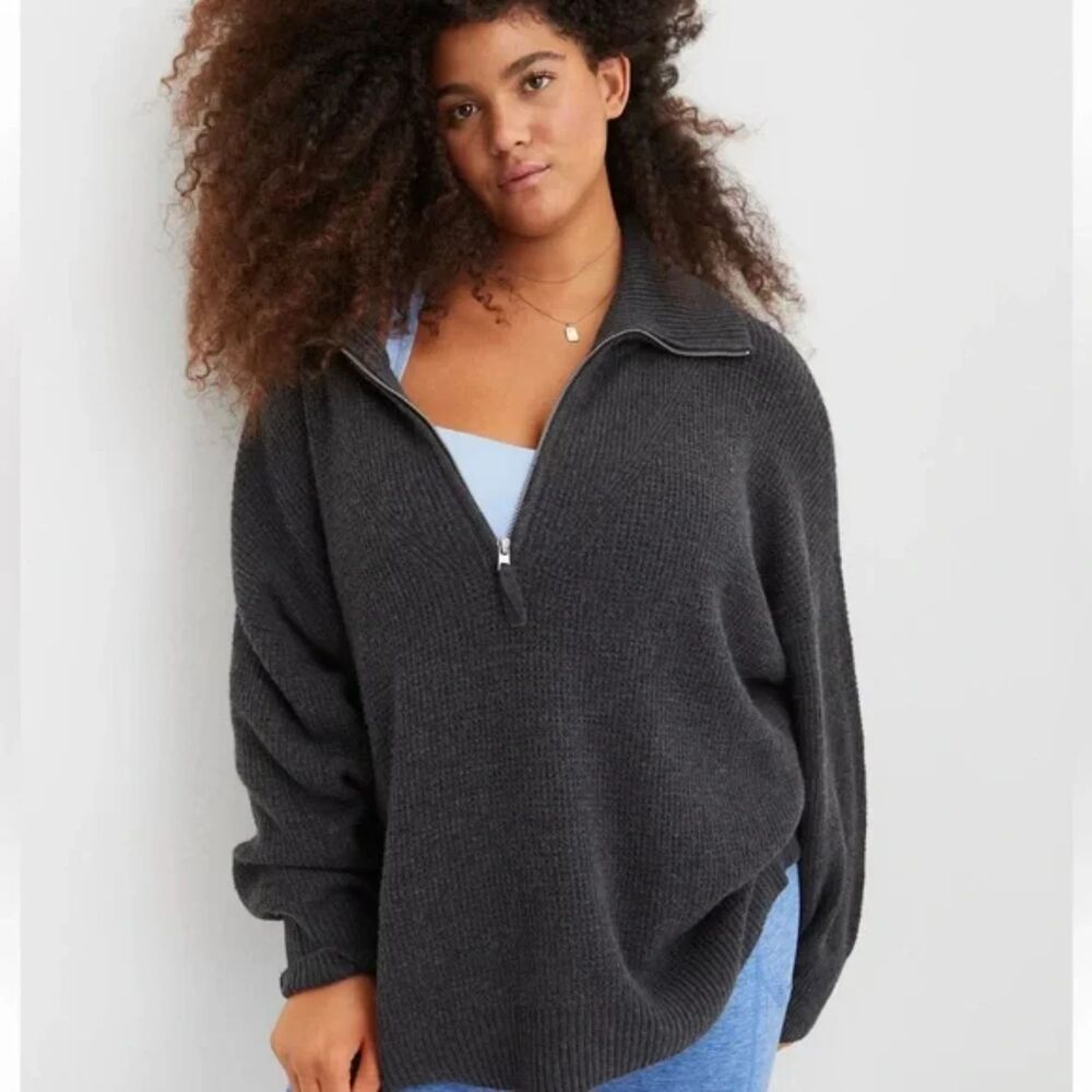 Aerie Cozyup Waffle Quarter Zip Sweater, Charcoal Gray, Size XS